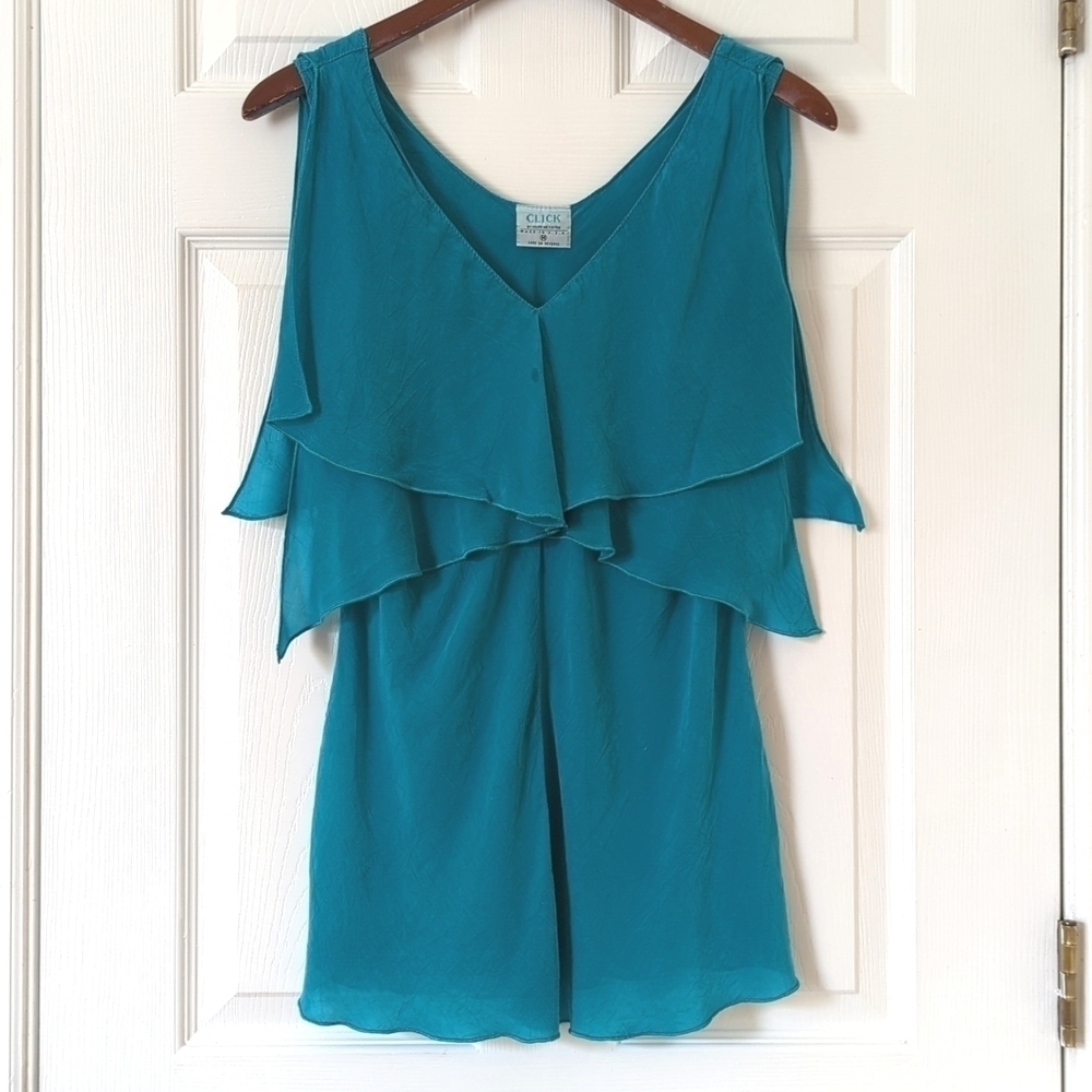 Click by Color Me Cotton 90's Vintage Flowy Layered Chiffon V-neck Tank Top Teal - Picture 1 of 11